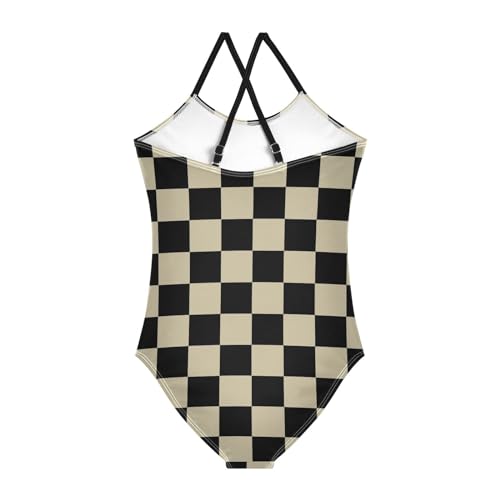 Image of Black and White Chess Girls One Piece Swimsuits Board Marble Tile Sport Halter Swimwear Beach Bathing Suit 3T