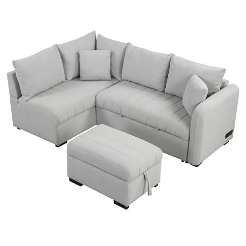 LUMISOL 82.6" Convertible Sleeper Sofa with Storage Ottoman, Pull Out Sofa Bed with USB Charging Ports & Pillows, L-Shaped Sectional Sofa Couch with Chaise for Living Room, Apartment, Grey - Thumbnail 4