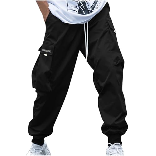 Mens Streetwear Cargo Pants Drawstring Elastic Waist Casual Outdoor Joggers Relaxed Fit Hip Hop Trousers with Pockets