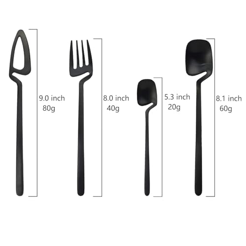 Image of Modern Stainless Steel Flatware Set - 4-Piece Unique Bent Handle Cutlery Set - Fork, Knife, Spoon & Teaspoon - Elegant Kitchen & Dining Silverware Set for Home & Restaurant (Black)