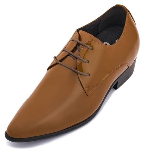 Image of CALTO Men's Invisible Height Increasing Elevator Shoes - Light Brown Patent Leather Lace-up Formal Dress Oxfords - 2.8 Inches Taller - K2728 - Size 6 D(M) US