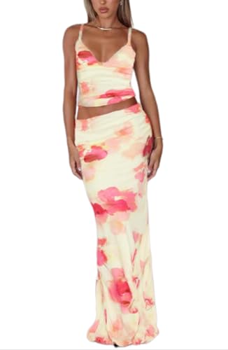 Image of ksotutm Maxi Skirt Set Floral Print Halter Top Maxi Skirt Sexy Going Out Outfits for Women