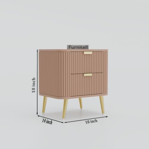 Image of Premium HDMR Wood Bedside Table with 1 Drawer & Open Storage Shelf, Fluted Nightstand with Golden Legs for Bedroom, Modern End Table, for Living Room | Taupe Finish, Set of 2