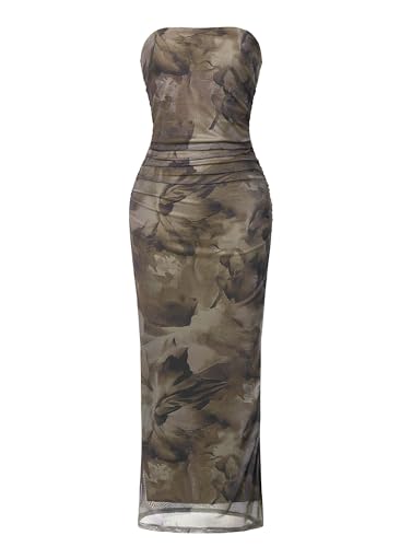 OutfitShow Maxi Dresses Strapless Tube Mesh Slit Bodycon, Coffee Flower XS | Bodycon maxi profile with ruched detail, Formal dress for receptions, Style heels with a clutch