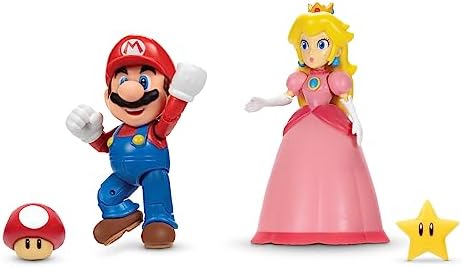 Super Mario and Princess Peach 4-Inch Authentic Nintendo Action Figure 2-Pack Bundle, with Up to 13 Points of Articulation, They Come with Mushroom & Super Star Accessories