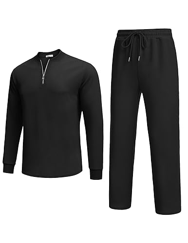 COOFANDY Men's 2 Piece Tracksuit Set Polo Athletic Quarter Zip Sweatsuit Long Sleeve Casual Sports Workout Jogging Black