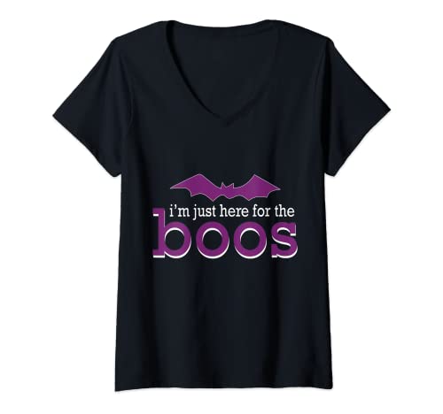 Image of Womens I'm Just Here For The Boos Halloween Bat Ultrasonic V-Neck T-Shirt