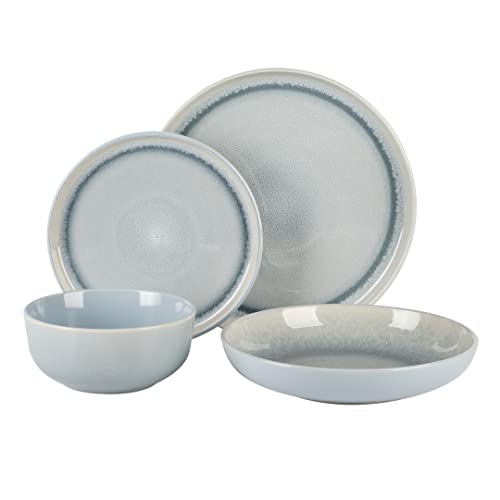 Image of Gibson Elite Juno Moon 16-Piece Reactive Blue Double Bowl Dinnerware Set - Durable Stoneware Plates and Bowls