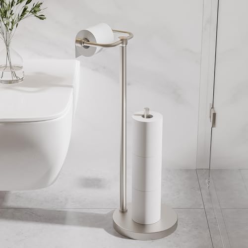 Image of RARXTR Toilet Paper Holder Stand, Post Pivoting Design Free Standing Toilet Paper Holder with Storage for 4 Rolls, SUS304 Stainless Steel Tissue Holder with Reserve, Heavy-Duty Base (Brushed Nickel)