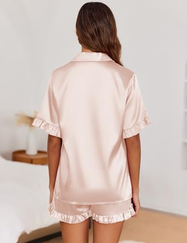 Image of Ekouaer Satin Pajama Set for Women 2 Piece Pj Sets Short Sleeve Sleepwear | Super Soft Silky Summer Loungewear Set with Ruffle Short Sleeve Top and Pocket Shorts, Casual Travel Daily Gift