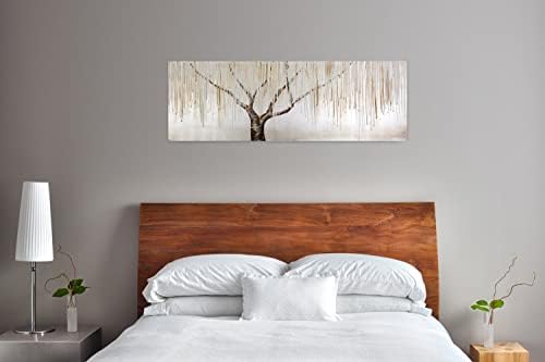 Kunstloft Acrylic painting | 100% HANDPAINTED | 59x20inches | Framed wall art 'Weeping Willow in the Mist' | Forest & trees | Beige | Painting on canvas