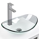 SOLIDEE Bathroom Boat Shape Artistic Glass Vessel Sink Free Chrome Faucet and Pop-up Drain Set, Clear