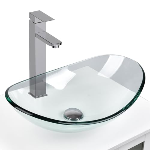 SOLIDEE Bathroom Boat Shape Artistic Glass Vessel Sink Free Chrome