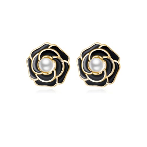 Reffeer Solid 925 Sterling Silver Flower Stud Earrings for Women Teens Black Flower Stud Earrings Pearls
