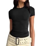 Cuptacc Tshirt Damen Sommer Solid Slim Passform Top für Teenager Mädchen Kurzarm Rundhals T-Shirt Streetwear Schwarz XS