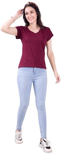 Image of Women's V Neck Plain T-Shirt, Black, Short Sleeve, Casual Wear
