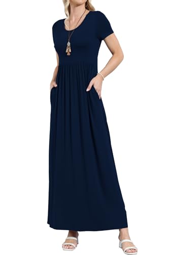 Image of EUOVMY Women's Short Sleeve Loose Plain Maxi Dresses Casual Vacation Long Dresses with Pockets
