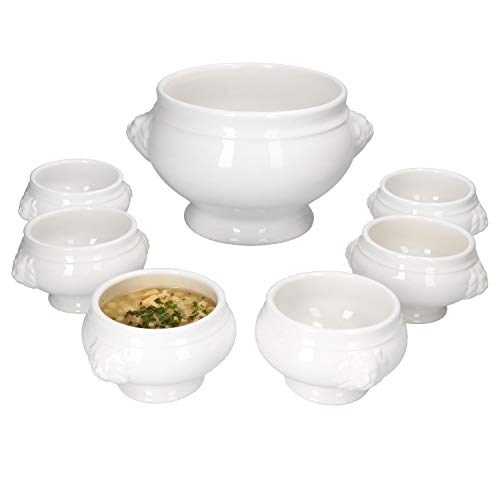MamboCat Leo Löwenkopf Suppenterrine Suppentassen Set 7tlg I 1x Suppenschale 2 L + 6X kleine Suppentassen 0,25 L I Königliches Set Suppenschüssel Löwenkopf-Terrine aus Steingut weiß