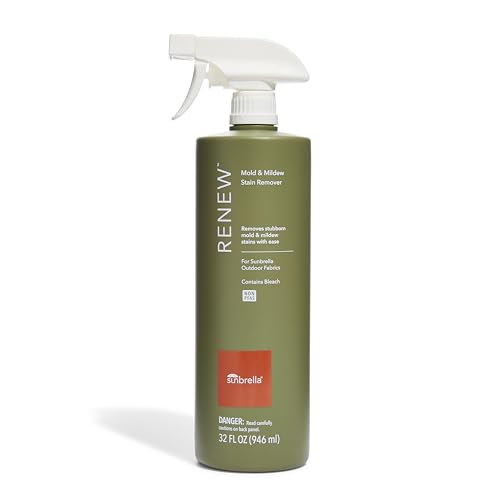 Sunbrella Renew Mold & Mildew Stain Remover | Deep Cleaning with Bleach | Outdoor Fabric Cleaner for Cushions Pillows Awnings Boat Covers & More | Dual-Action Spray Nozzle | 32oz