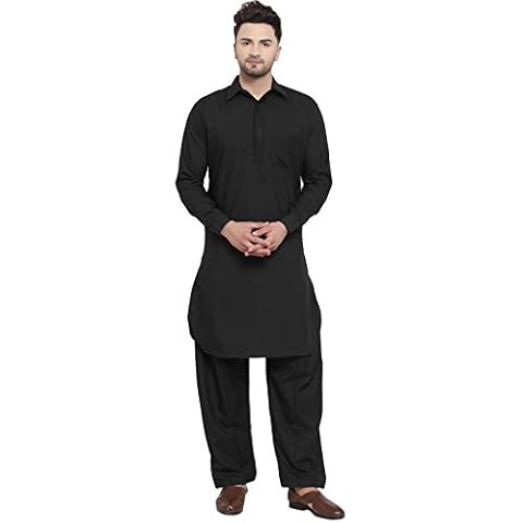 FASHIONZAADI Indian Men's Traditional Embroidered Cotton Poly Pathani Kurta Salwar for Casual/Party/Eid Special Dress-Black (Small) Cover