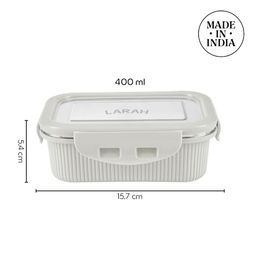 Image of Larah by BOROSIL Freshbyte Food Storage Container with Airtight Stainless Steel Lid | Fridge Container for Lunchbox | Food Grade | Microwave Safe (Grey, 400 ml, Rectangular)