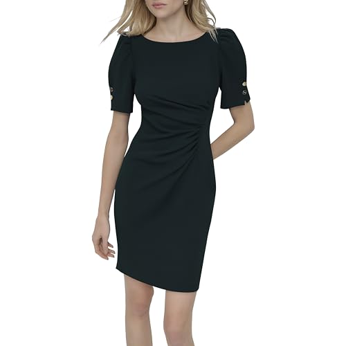 Image of DKNY Women's Short Sleeve Ruched Knee Length Sheath Dress with Button Detail
