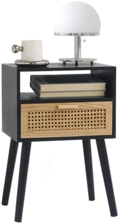 MaxSmeo End Table with Storage Mid Century Nightstand with Rattan Drawer and Shelf, Wood Small Side Coffee Table for Small Space, Living Room and Bedroom, Easy Assembly (Black)