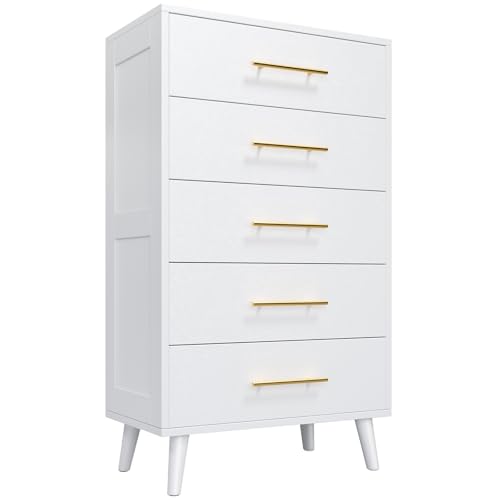 Aiho Cómoda de 5 cajones para dormitorio, cómoda alta con asas de metal, organizador de almacenamiento de madera, cómoda de guardería para sala de estar, pasillo o entrada, color blanco