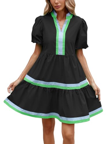 Image of LifeShe Womens Puff Sleeve Babydoll Dress V Neck Navy Blue Striped Color Block Tiered Mini Dresses