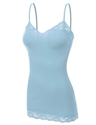 XT1004L Ladies Adjustable Spaghetti Strap Lace Trim Long Tunic Cami Tank Top Powder Blue 3XL - Thumbnail 2