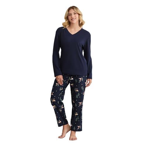 HEARTNICE 100% Cotton Pajama Set for Women, Cozy Flannel Long Sleeve PJs with Print Pants, 2-Piece Ladies Sleepwear with Pockets (Christmas Tree-Navy, L)