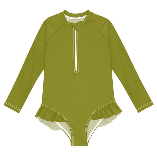 Olive Girls Long Sleeve Rashguard Swimsuit UV Protection One-Piece Swimwear Bathing Suit Olive
