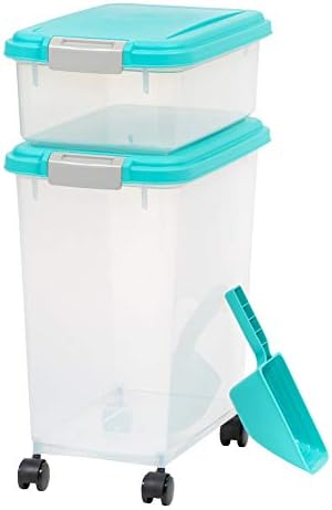 IRIS USA 3-Piece 41 Lbs / 45 Qt WeatherPro Airtight Pet Food Storage Container Combo with Scoop and Treat Box, for Dog Cat and Bird Food, Translucent Body, Keep Fresh, Easy Mobility, Seafoam Blue