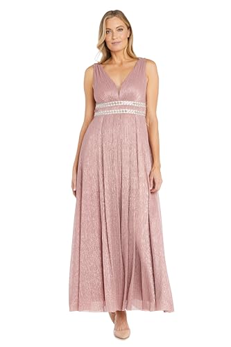 Image of R&M Richards Women's Pleated Maxi Dress W /Illusion V-Neck, Embellished Waistband & Front Slit - Party & Cocktail Gown