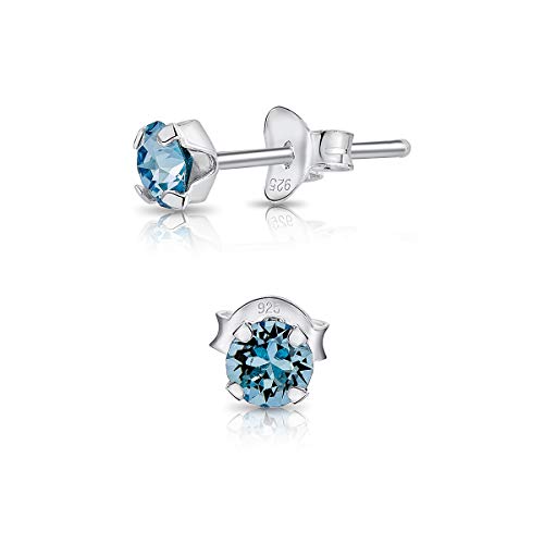 DTPsilver 925 Sterling Silver Round SMALL Stud Earrings made with Glittering Crystals - Diameter: 4 mm - Colour : Light Sea Blue