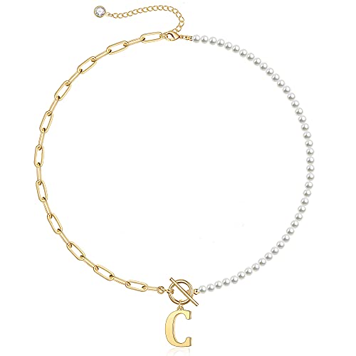 Image of Yoosteel Pearl Initial Necklace for Women, Dainty Pearl Chain Choker Initial Necklaces for Women Toggle Clasp Paperclip Link Chain Necklace Jewelry Gifts