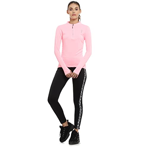 Image of PINACOLADA Women's Midnight Black Basic Activewear T-Shirt for Casual Wear | Mock Neck | Long Sleeve | Half-Zipper Closure | Polyester Jersey T-Shirt Crafted with Comfort Fit for Everyday Wear