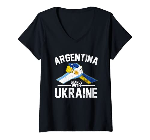 Mujer Argentina se encuentra con la bandera ucraniana argentina ucraniana Camiseta Cuello V