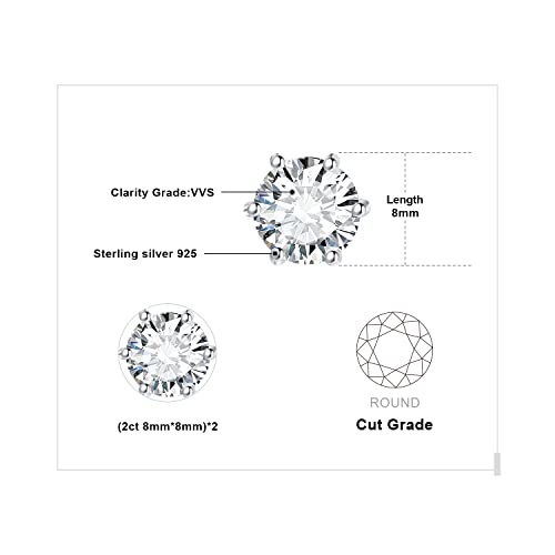 JewelryPalace Round Cut 4-9mm 0.6-6ct Moissanite Solitaire Stud Earrings for Women, 925 Sterling Silver 14k White Gold Plated Earrings for Her, Classic Simulated Diamond Earrings VVS D-F2