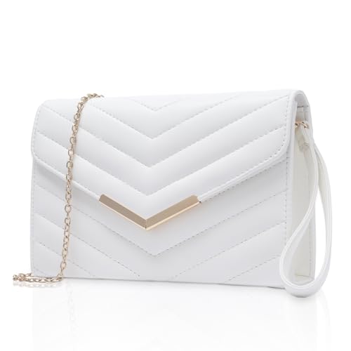 Larcenciel Bolso Mujer Blanco, Vegano Bolso Cuero Mujer con Muñeca y Cadena, Elegante Clutch Sobre de Noche, Moda Bolso Bandolera de Acolchada, Carteras de Mano para Boda Fiesta Ceremonia, 23x16x6CM