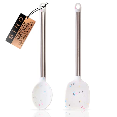 BINO 2-Piece Silicone Spoon and Spatula Set - Confetti | Stainless Steel & Heat Resistant Handle | Nonstick Kitchen Utensils for Cooking | Serving & Mixing in Nonstick Cookware | Kitchen Tools