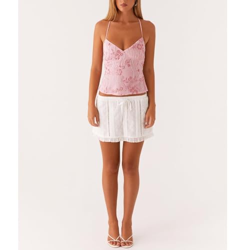 Y2k Summer Sequin Tank Tops for Women Sexy Sparkle V Neck Shirt Backless Halter Low Cut Strap Trendy Going Out Tops3