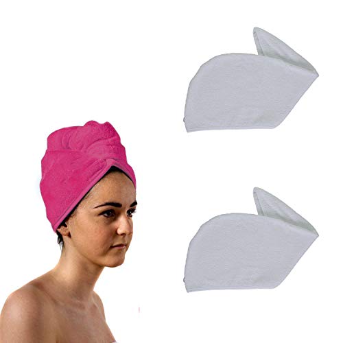 Image of aztex Set of 2 Hair Turban Towels, Head Wrap Towel, Hair Drying Towel with Loop and Button Fastener, Absorbent and Lightweight Cotton, 64 x 23cm - 2 x White