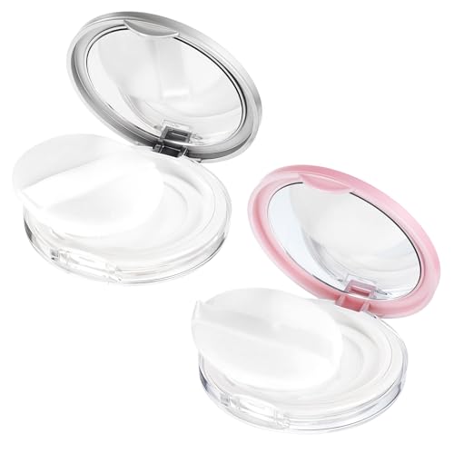 2 PCS Loose Powder Containers with Puff, Refillable Empty Powders Container with Mirror, Portable Travel Powder Containers Loose Compact Case Powders Box with Powers Puff (Pink Silver)