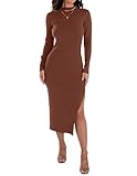 ZESICA Women's 2025 Ribbed Knit Dress Long Sleeve Mock Neck Slim Fit Side Slit Fall Elegant Sweater Dresses,Coffee,Small