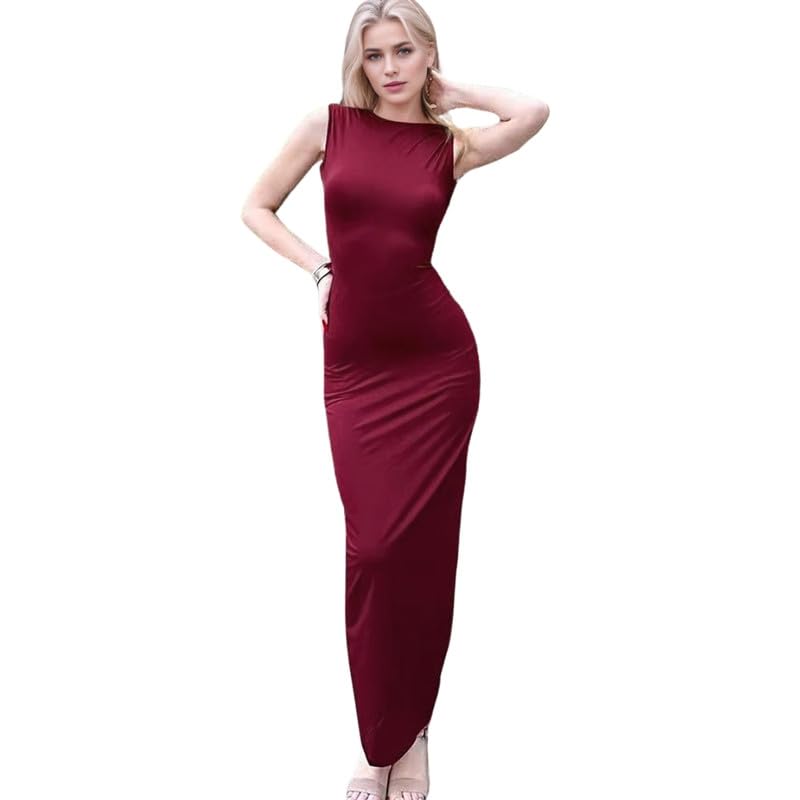 bifanxi Women Summer Backless Long Skirt Dress with Waist Detail for Comfortable Outdoor Outings | Claret-M-picture-33