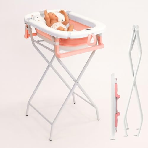 BATHBY Bañera de Bebé con Cojín Reductor, Termómeto y Soporte Plegable | Pack Completo para Recién Nacidos | Bañera Ligera, Segura y Compacta | Soporte Elevado Estable y Fácil de Guardar (Rosa)