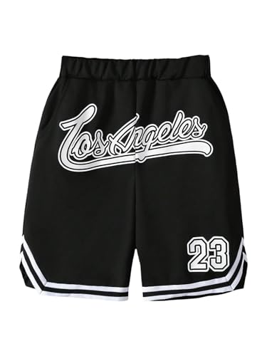 Boy's Striped Trim Running Workout Shorts Letter Graphic Elastic Waist Basketball Shorts