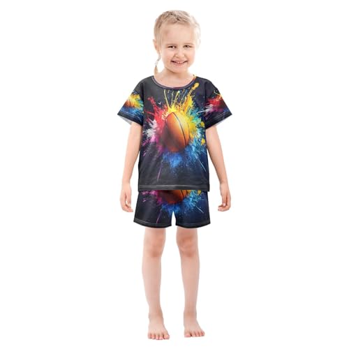 ALAZA Basketball Colorful Watercolor Pajamas Set Short Sleeve Cotton Sleepwear Summer Pjs 2 Piece 5-14Y3