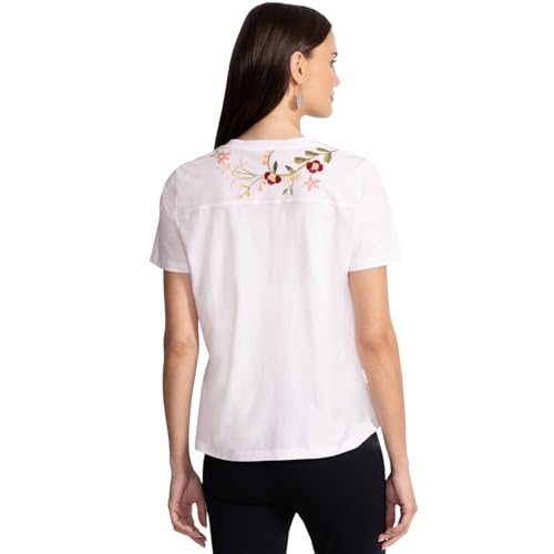 Johnny Was Nicolette V Neck Short Sleeve Tee Cotton Shirt Floral Embroidery Top White New3